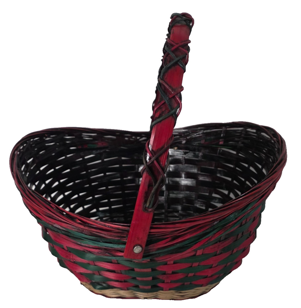 Vintage Christmas Wicker Basket Red Green Black Large 12in Holiday Decor